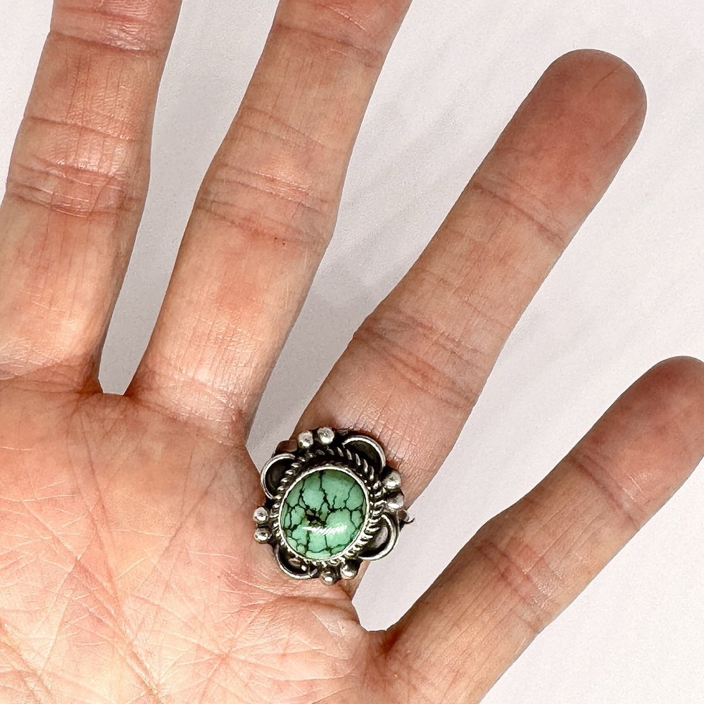 Navajo Turquoise Flower Ring Sz 7 Signed Priscilla Smith Native Amer Sterling - Picture 3 of 9